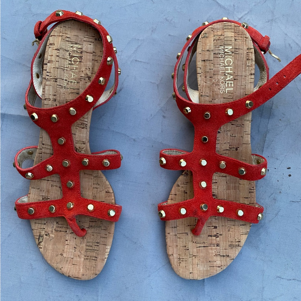 Michael Kors Sandal/Small Wedge Shoe. Burnt Orange with Gold Spikes. Size 8
